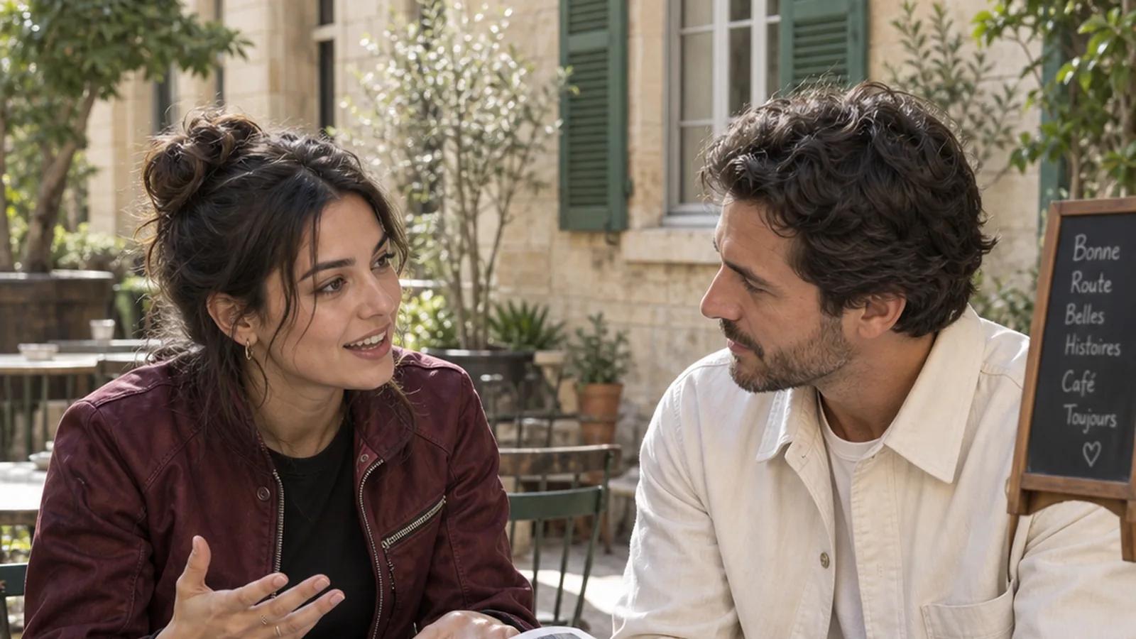 Deux personnes discutent d’un projet à la terrasse d’un café.
